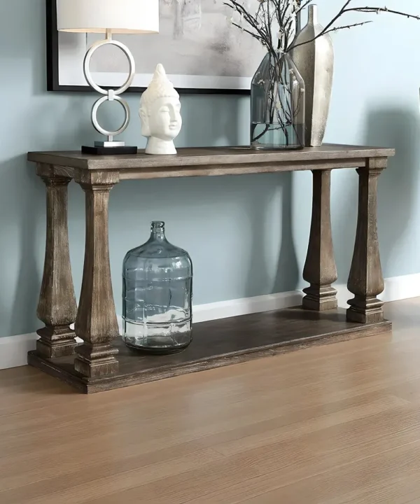 Wood Console Table, Rustic Finish, Shaped Legs, Lower Storage Shelf