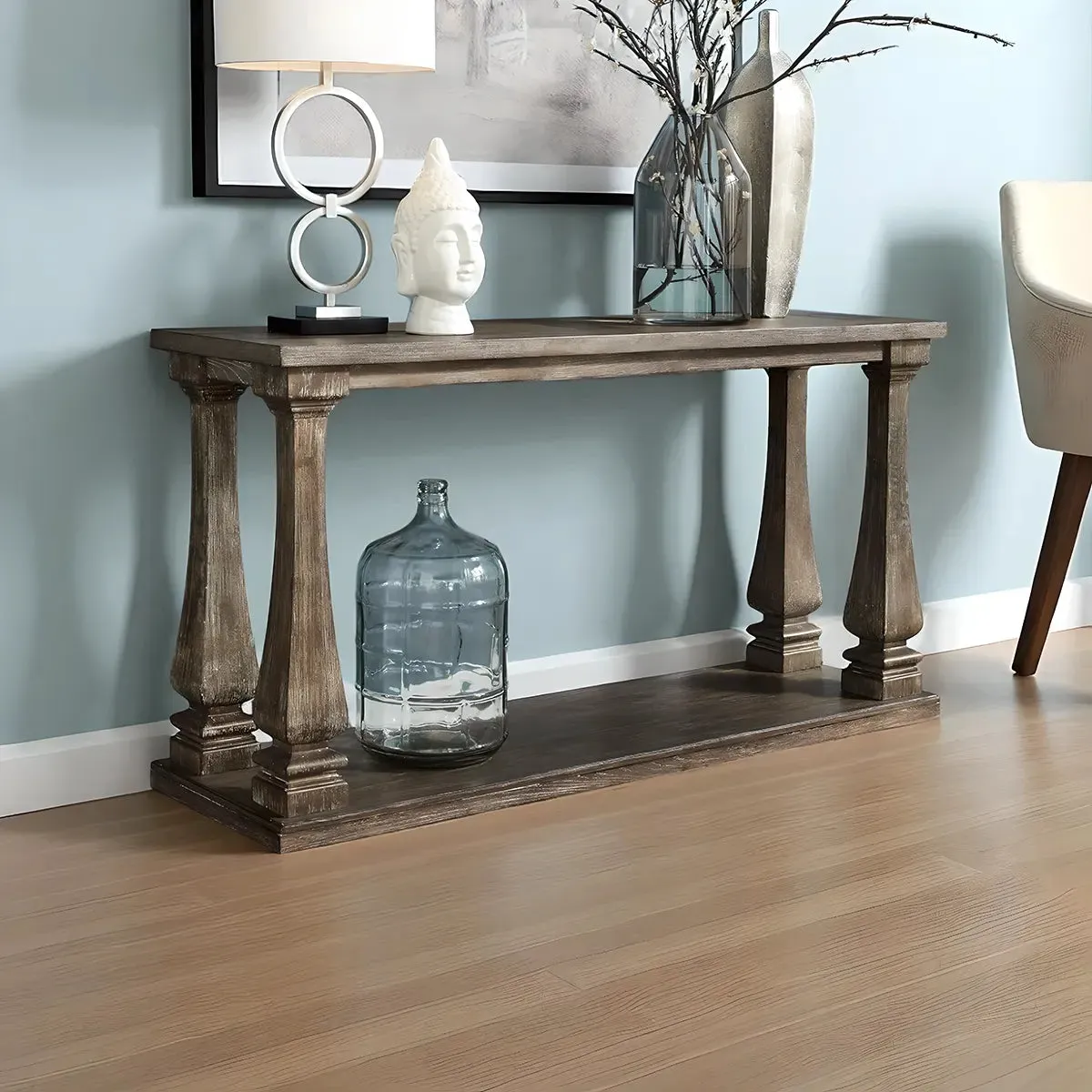Wood Console Table, Rustic Finish, Shaped Legs, Lower Storage Shelf