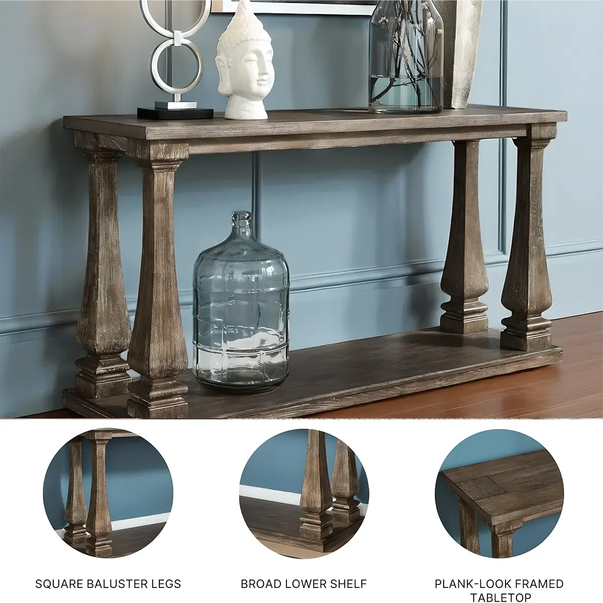 Wood Console Table, Rustic Finish, Shaped Legs, Lower Storage Shelf - Image 2