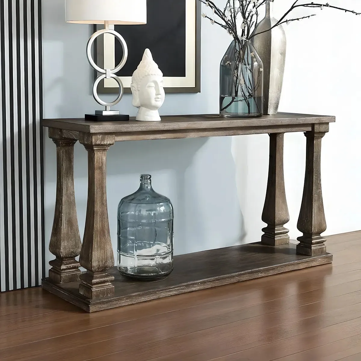 Wood Console Table, Rustic Finish, Shaped Legs, Lower Storage Shelf - Image 3