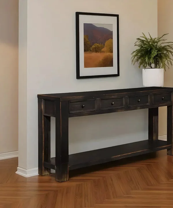 Black Wood Console Table, Rustic Look, 4 Drawers, Clean Fronts