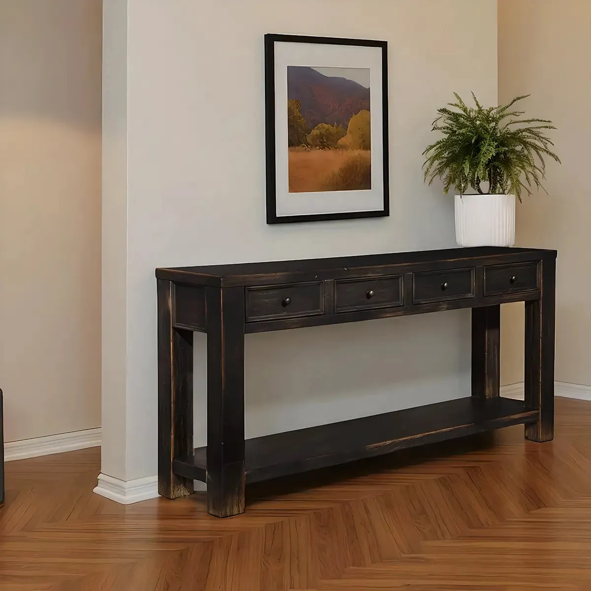 Black Wood Console Table, Rustic Look, 4 Drawers, Clean Fronts