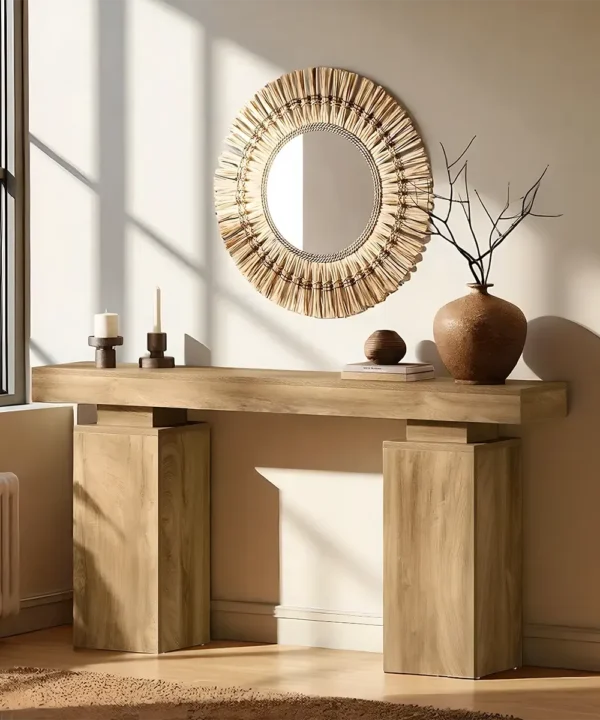 Natural Wood Console Table, Modern Rustic, Open Base