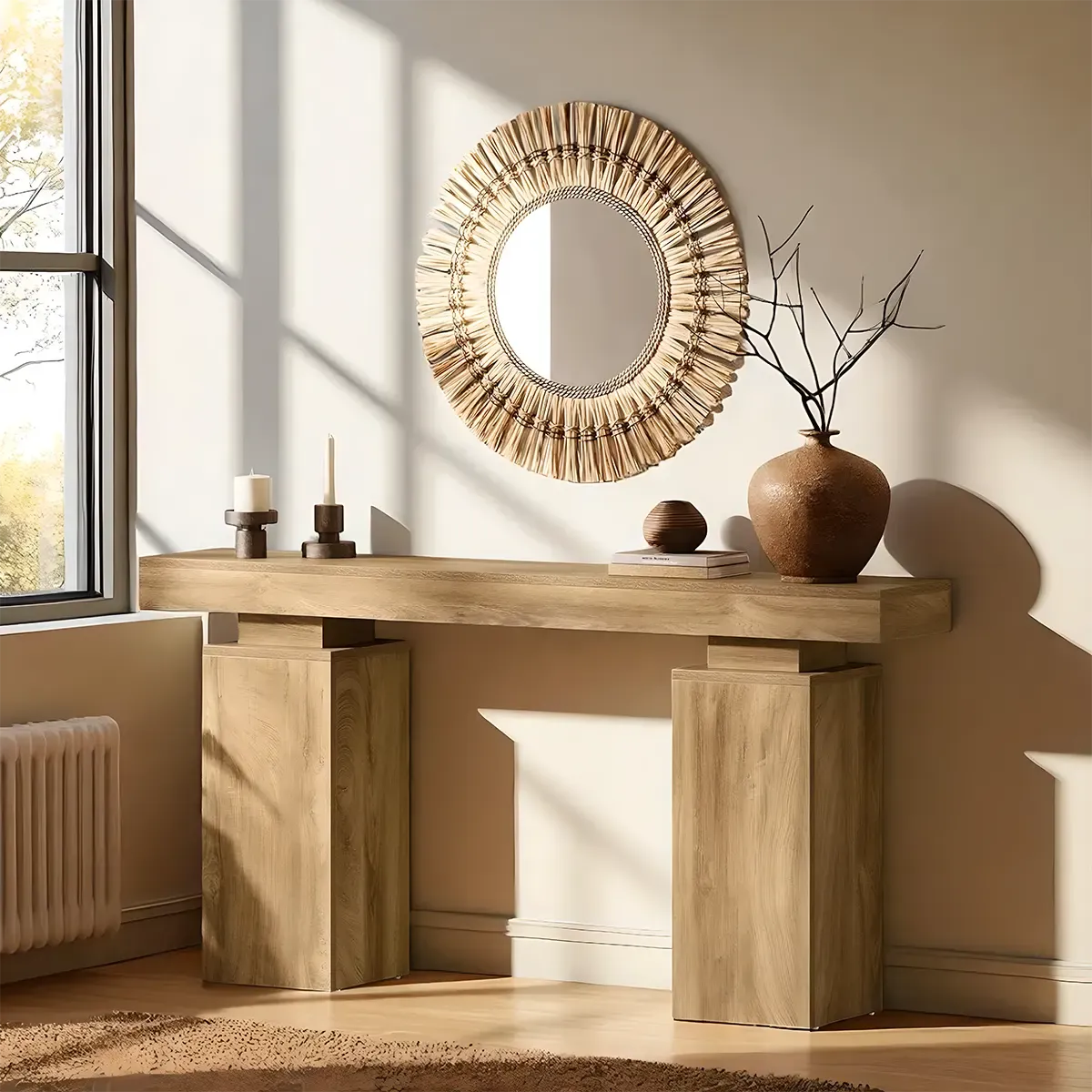 Natural Wood Console Table, Modern Rustic, Open Base