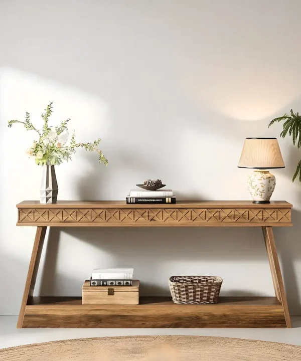 Carved Wood Console Table, U-Frame Base, Two-Tier Display
