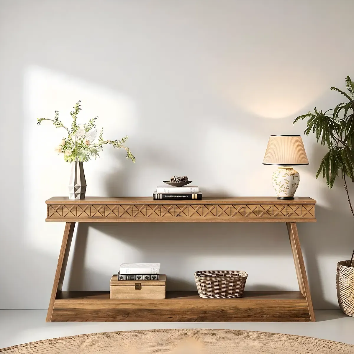 Carved Wood Console Table, U-Frame Base, Two-Tier Display